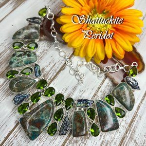 Shattuckite & Peridot Statement Necklace Handmade Large Gemstone 925 Silver